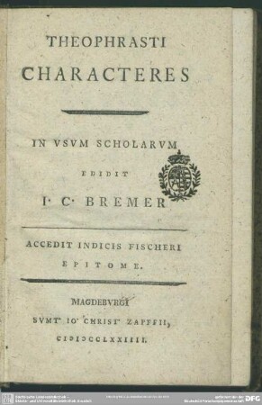 Theophrasti Characteres : In Usum Scholarum