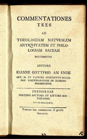 Commentationes Tres Ad Theologiam Naturalem Antiquitatem Et Philologiam Sacram Pertinentes