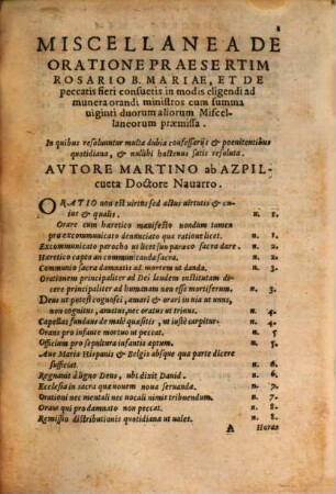 Miscellanea de oratione, praesertim de Rosario B. Mariae ...