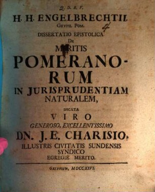 Diss. epist. de meritis Pomeranorum in iurisprudentiam naturalem
