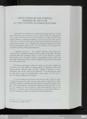 Limitations Of The Judicial Powers Of The Kadi In 17th Century Ottoman Kayseri