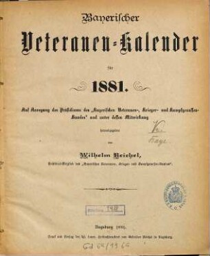Bayerischer Veteranen-Kalender : für .... 1881
