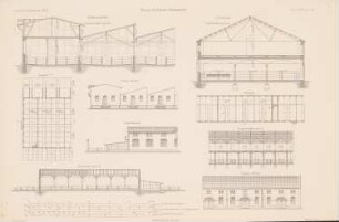 Viehmarkt und Schlachthof, Berlin: Grundriss, Ansichten, Querschnitt, Längsschnitt Schweinestall und Schafstall (aus: Atlas zur Zeitschrift für Bauwesen, hrsg. v. G. Erbkam, Jg. 22, 1872)