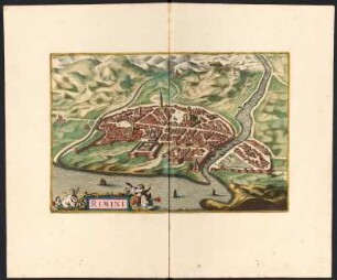 Stadtplan von Rimini, Italien, kolorierter Kupferstich, ca. 1730 : Rimini. - [Amsterdam], s.a. [ca. 1730]. - 1 Plan : Kupferstich ; 30 x 45 cm