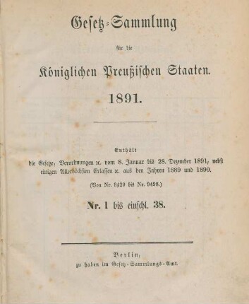 1891: Gesetzsammlung für die Königlich-Preußischen Staaten