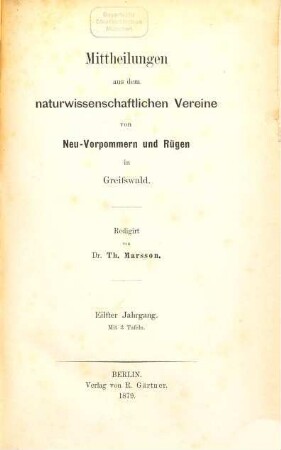 Mitteilungen aus dem Naturwissenschaftlichen Verein für Neu-Vorpommern und Rügen in Greifswald. 11. 1879