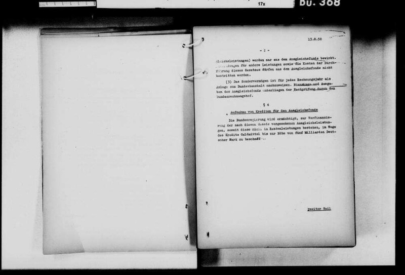 Entwurf (13. August 1950) eines Bundesgesetzes über einen allgemeinen Lastenausgleich und Stellungnahme zu den Anregungen des "Unkeler Kreises" (25. August 1950)