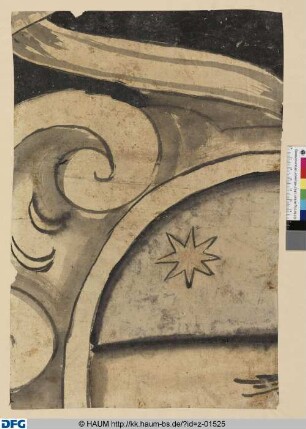 Fragment einer schwarzen Ornamentmalerei mit Volute und Wappen