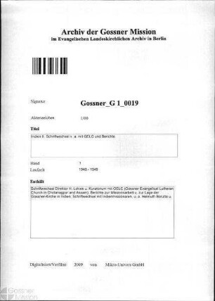 Indien II. Schriftwechsel v. a. mit GELC und Berichte