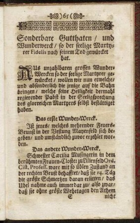 Sonderbare Gutthaten / und Wunderwerck/ so der seelige Martyrer Fidelis nach seinem Tod gewürcket hat.