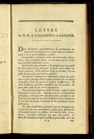 Lettre sur. M. M. de Cagliostro et Lavater.