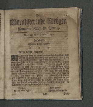 Nummer Regen un Veertig. Mahndags den 6. December 1751