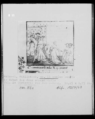 Ms 11034, Le débat des deux amans, fol. 2 Christine mit einem Liebespaar vor dem Herzog von Orleans