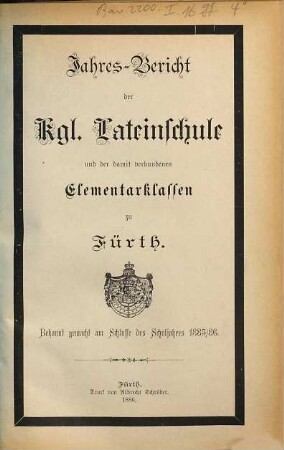 Jahres-Bericht der Kgl. Latein-Schule in Fürth. 1885/86
