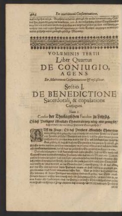 Sectio I. De Benedictione Sacerdotali, & copulatione Coniugum.