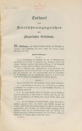 Entwurf eines Ausführungsgesetzes zum Bürgerlichen Gesetzbuche.
