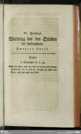 VI. Predigt. Warnung vor den Sünden der Unkeuschheit. Zweyter Theil