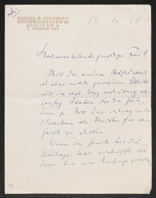 Brief von Hannes M. Avenarius an Margarete Hauptmann