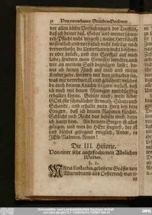 Die III. Historie. Von einer sehr angefochtenen Adelichen Wittben.