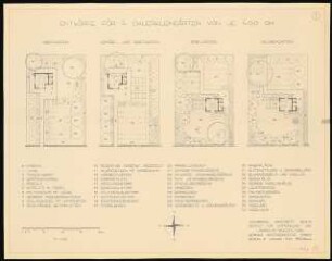 Vier Kleingärten von je 400 qm: 4 Kleingärten und Bepflanzungsplan: Grundriss 1:100