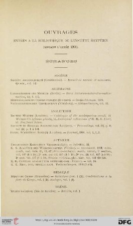 Ouvrages entrés à la bibliothèque de l'Institut égyptien pendant l'année 1900