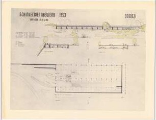 Wohnhausgruppe im sozialen Wohnungsbau Schinkelwettbewerb 1954: 2 Ansichten, Schnitt, Grundriss der Garage 1:200