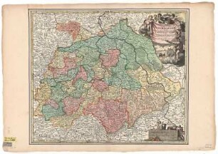Karte von Sachsen und Thüringen, ca. 1:625 000, Kupferstich, um 1710 : Circulus Saxoniae Superioris : in quo Ducatus & Electoratus Saxoniae Marchionatus Misniae et Landgraviatus Thuringiae cum insertis et finitimis Regionibus exhibentur / à Iohanne Baptista Homanno. - [Ca. 1:625 000]. - Norimbergae : Iohann Baptist Homann , [um 1710]. - 1 Kt. : kolor. Kupferst. ; 56 x 47 cm