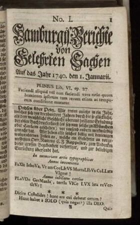 No. I. Auf das Jahr 1740. den 1. Januarii. - No. IX. Auf das Jahr 1740. den 29. Januarii.