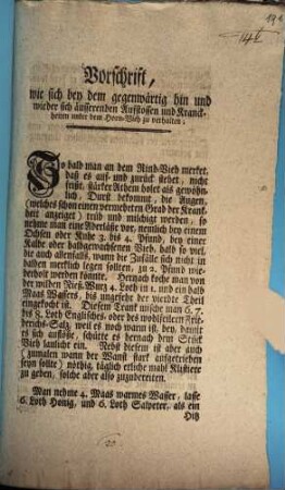 Vorschrift, wie sich bey dem gegenwärtig hin und wieder sich äusserenden Aufstossen und Kranckheiten unter dem Horn-Vieh zu verhalten