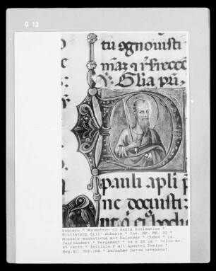 Missale monasticum mit Kalendar — Initiale P mit Apostel Paulus, Folio 85 recto