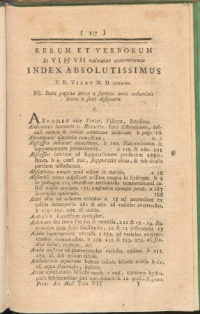 Rerum Et Verborum In VI & VII volumine contentorum Index Absolutissimus