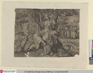 [Gersichtssinn; Sight, the Lord pointing Adam and Eve to the tree of Knowledge [Gen. 2:16-17] and Christ healing a blind man near the pool of Siloam [John 9:1.8]]