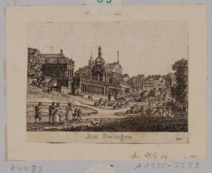 Der Zwinger und die Zwingeranlagen in Dresden von Westen über den zugeschütteten Zwingergraben auf Kronentor, Langgalerie und Mathematisch-Physikalischen Pavillon, Ausschnitt aus einem Bilderbogen