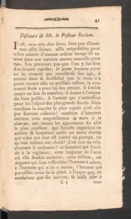 Discours de Mr. le Pasteur Reclam.