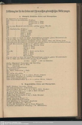 Erklärung der für die Orden und Ehrenzeichen gebräuchlichen Abkürzungen