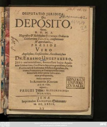 Disputatio Iuridica, De Deposito