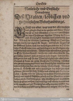 Natürliche und Geistliche Betrachtung Desz Uralten/löblichen und hochnützlichen Weberhandwergs.