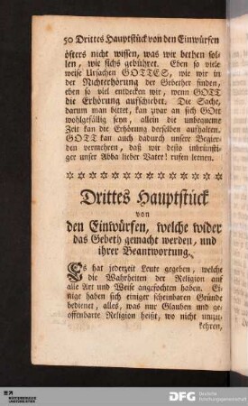 Drittes Hauptstück von den Einwürfen, welche wider das Gebeth gemacht werden, und ihrer Beantwortung.