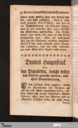 Drittes Hauptstück von den Einwürfen, welche wider das Gebeth gemacht werden, und ihrer Beantwortung.