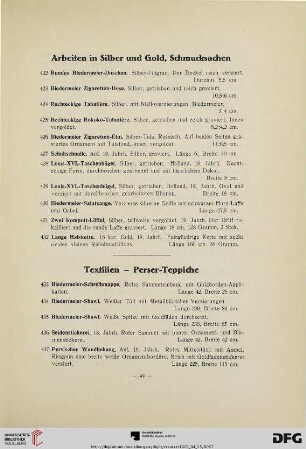 Arbeiten in Silber und Gold, Schmucksachen, Textilien-Perser Teppiche, Skulpturen (Nr. 422-471)