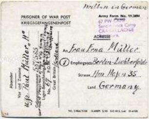 Vordruckpostkarte aus einem britischen Kriegsgefangenenlager - Personenkonvolut