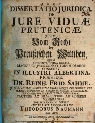 Diss. iur. de iure viduae Prutenicae, (Germ.) Vom Recht der preußischen Wittiben
