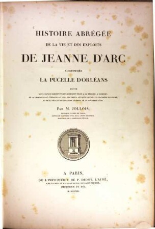 Histoire abrégée de la vie et des exploits de Jeanne d'Arc surnommée la pucelle d'Orleans
