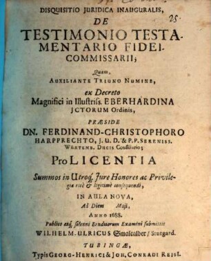 Disquisitio iuridica inauguralis, de testimonio testamentario fideicommissarii