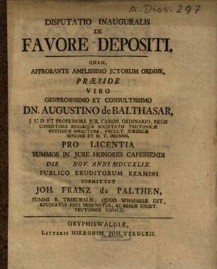 Disputatio inauguralis de favore depositi