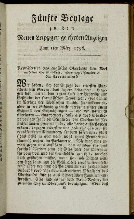 Fünfte Beylage zu den Leipziger gelehrten Anzeigen - Zum 1sten März 1796.