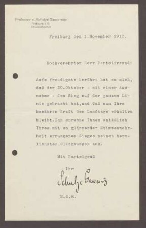 Glückwunschschreiben von Gerhart von Schulze-Gävernitz, Professor, Freiburg, an Hermann Hummel, 1 Schreiben