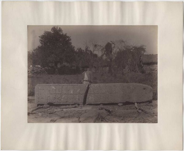 Stele 7, back. Man standing behind stele. Copán village in the background. ("The usual sign of the heading")