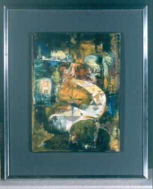 Konstruktives Gebäudeensemble mit geometrischen und floralen Element, Hochformat : Konstruktives Gebäudeensemble mit geometrischen und floralem Element. Teilzeichnung, Ölspachtelung auf Malkarton; 44,7 x 37 cm (mit Rahmen). 1987