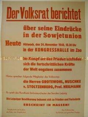 Ankündigung einer Veranstaltung des Volksrates mit Otto Grotewohl